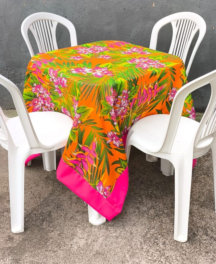 Toalha Quadrada Chita - Laranja Flor Pink c/ Borda Pink (1.5x1.5m)