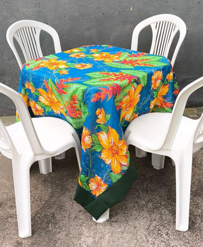 Toalha Quadrada Chita Azul Flor Amarela c/ Borda Verde Exército (1.5x1.5m)